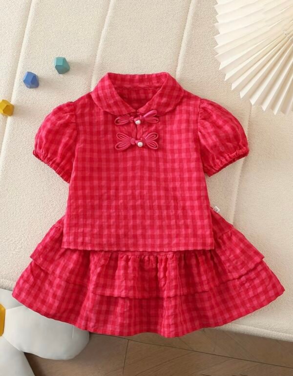 2pcs Korean Style Red Plaid Top & Skirt Set