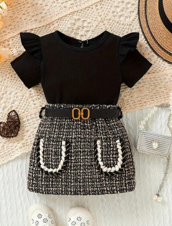 Baby Girl Ribbed T-Shirt & Floral Skirt Set with Belt