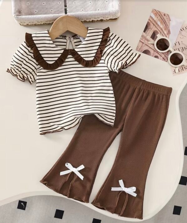 Baby Girl Striped Top & Brown Split-Hem Pants Set