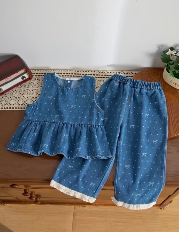 Girls’ Denim Bow Top & Lace-Trim Pants Set