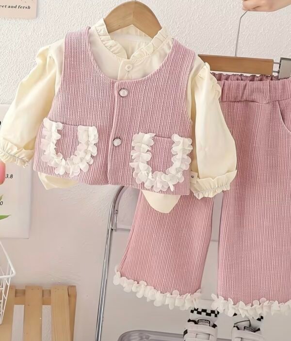 Girls’ Autumn Lace Pocket Vest & Pants 3-Piece Set